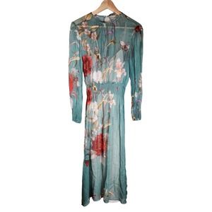 ZARA WOMAN Green Red White Long Sleeve Peasant Cottage Prairie Maxi Dress SZ M